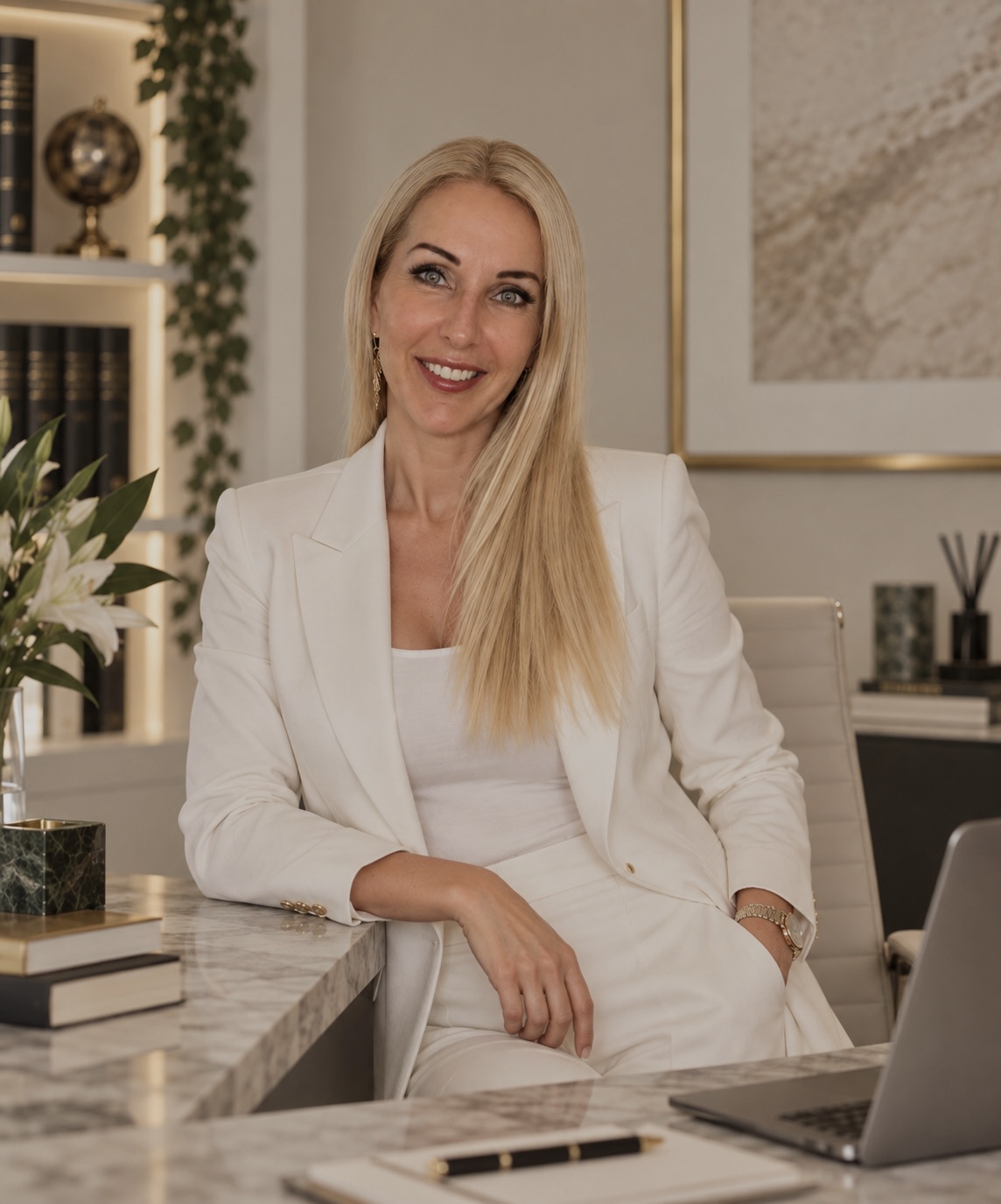dr. Moós Szilvia Anna fehér blézerben, az irodája íróasztalánál